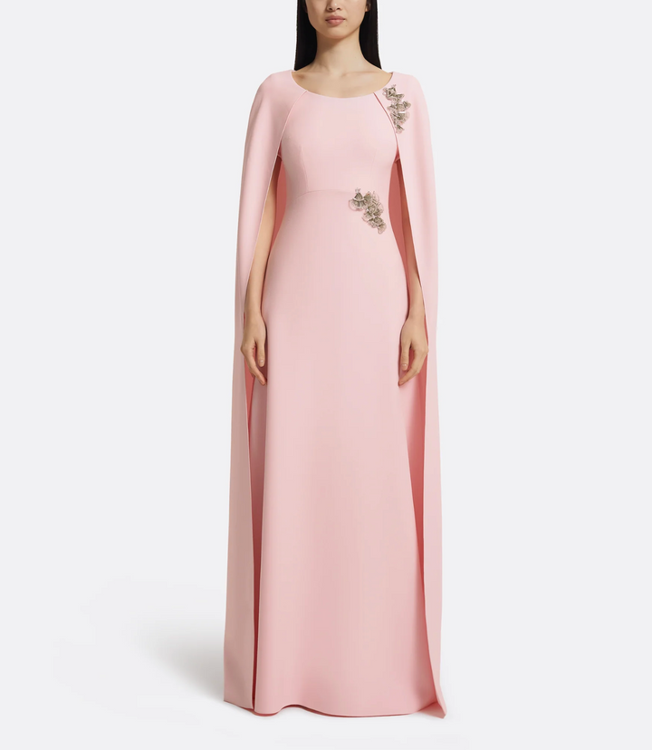 cape-sleeve gown with floral appliqué – AMEIRA