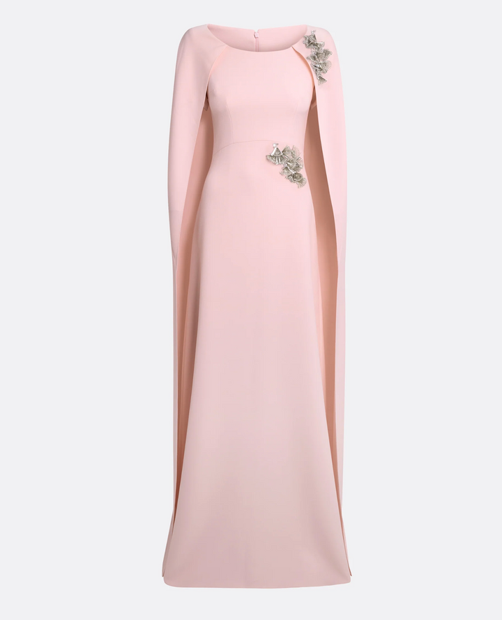 cape-sleeve gown with floral appliqué – AMEIRA