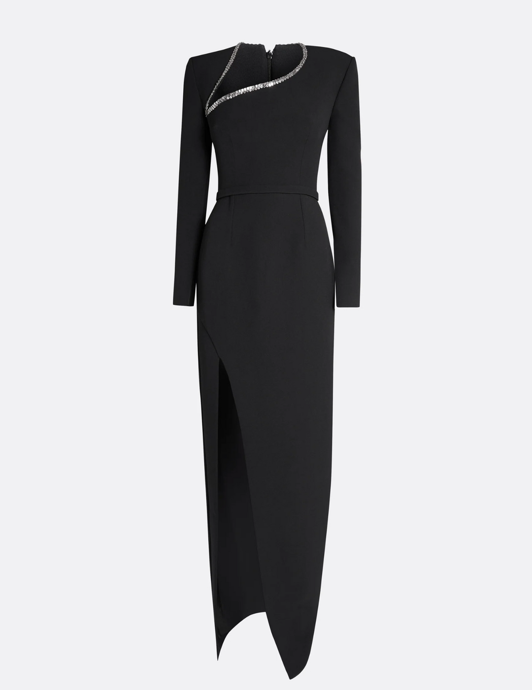 فستان بأكمام طويلة وفتحة رقبة مرصعة بالجواهر وشق – أستريد
