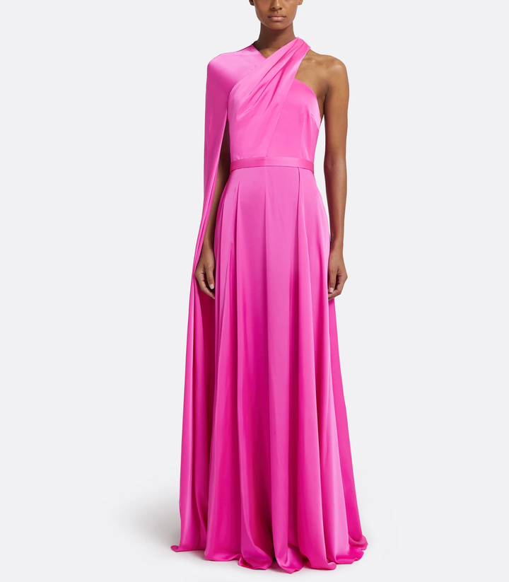 one-shoulder satin gown with flowing cape – FLAMENCA