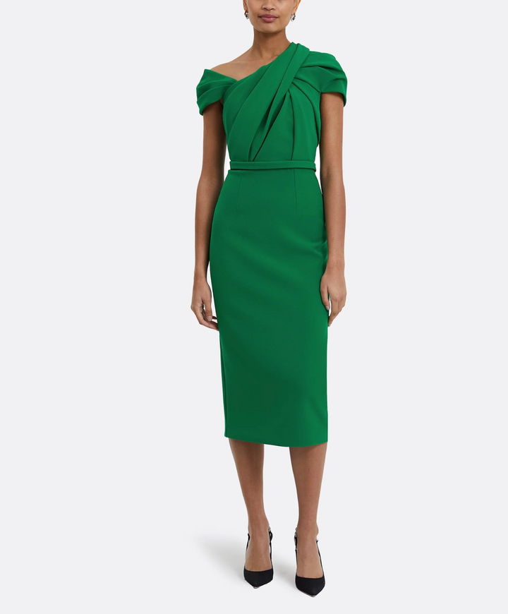 فستان قلم رصاص مكشوف الكتفين مع صد مطوي – زيلة
