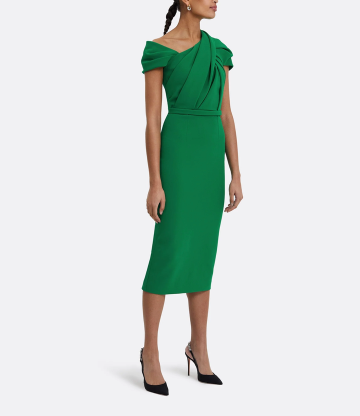 فستان قلم رصاص مكشوف الكتفين مع صد مطوي – زيلة
