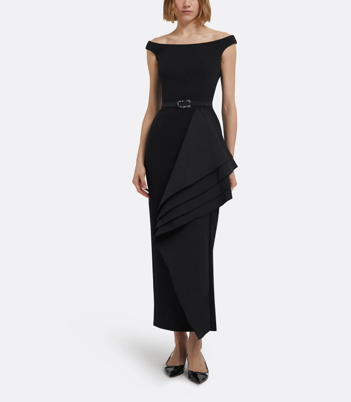 off-shoulder gown with layered drape – GOLEIE