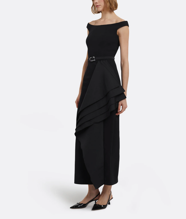 off-shoulder gown with layered drape – GOLEIE