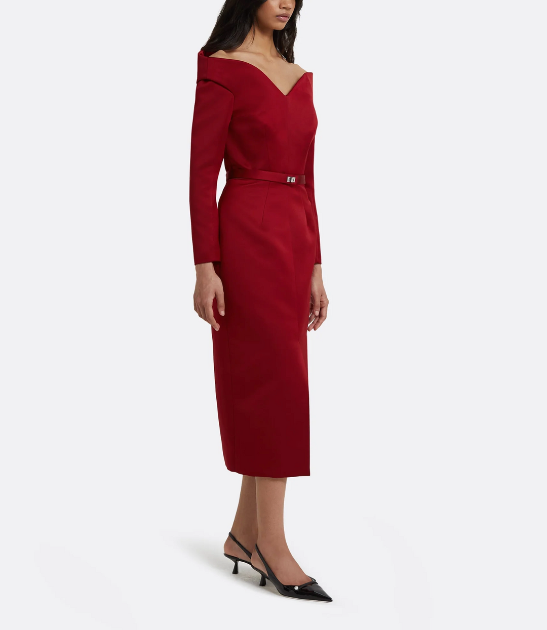 off-shoulder pencil dress with slit – SCARLET