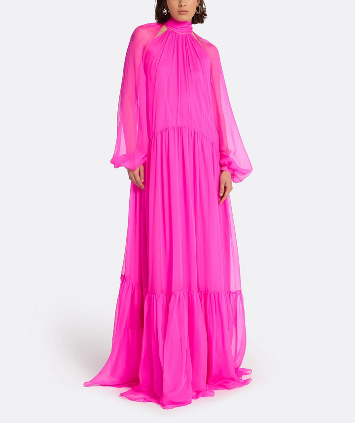 high-neck chiffon gown with bishop sleeves – FALEIIN