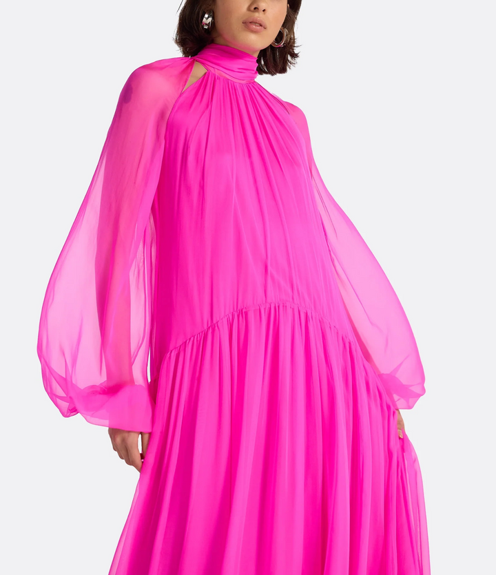 high-neck chiffon gown with bishop sleeves – FALEIIN