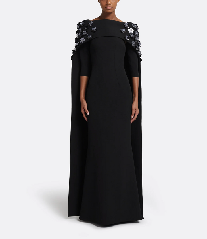 cape-sleeve gown with floral appliqué – NOCTURNE