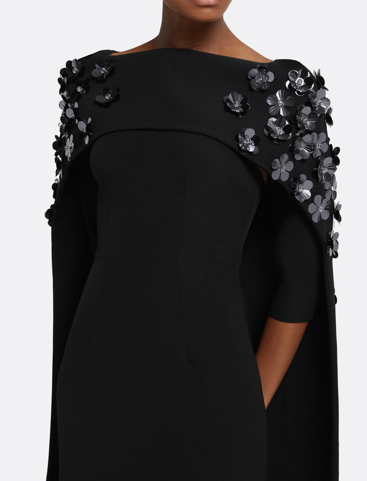 cape-sleeve gown with floral appliqué – NOCTURNE