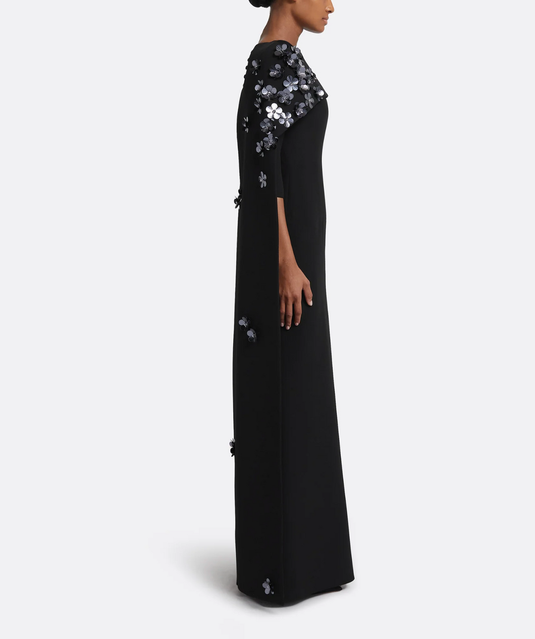 cape-sleeve gown with floral appliqué – NOCTURNE