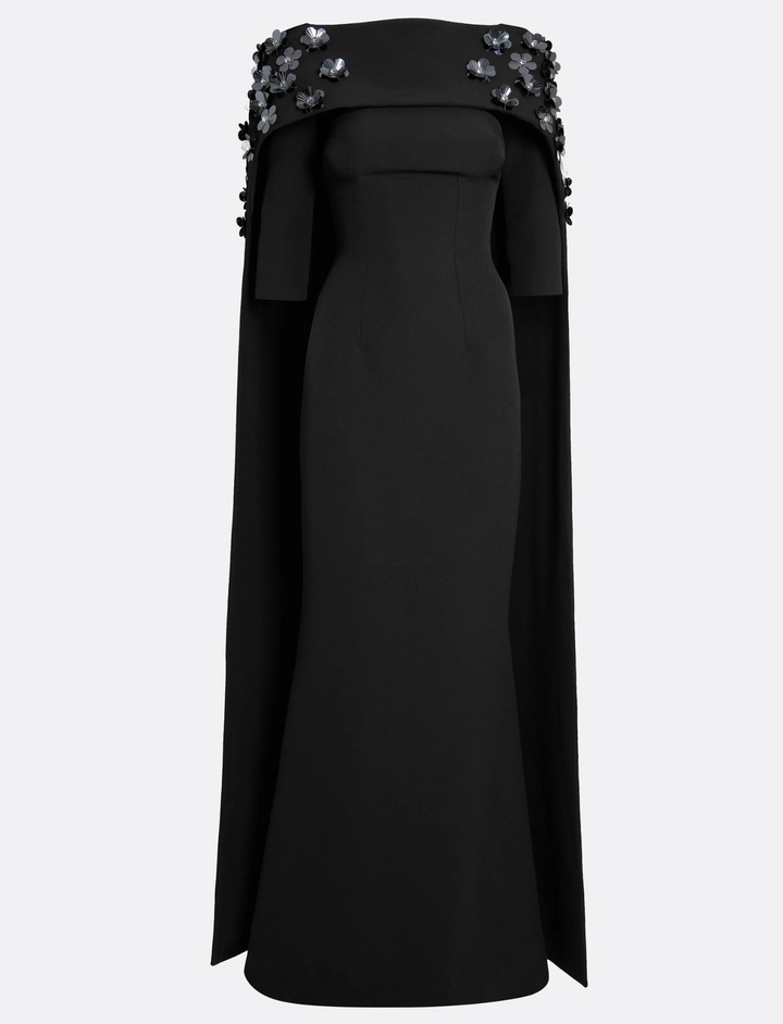 cape-sleeve gown with floral appliqué – NOCTURNE