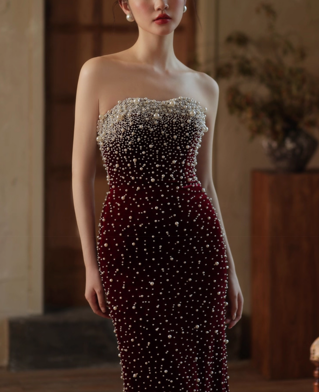 strapless velvet gown with pearl embellishment – RUBINA