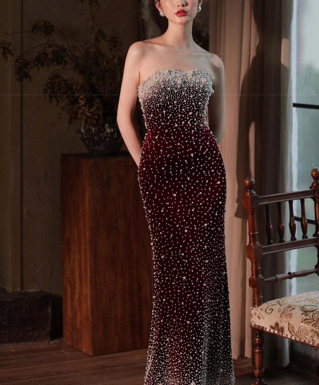 strapless velvet gown with pearl embellishment – RUBINA