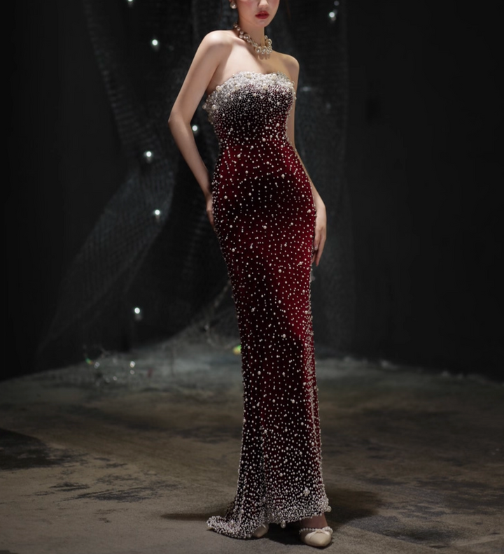 strapless velvet gown with pearl embellishment – RUBINA