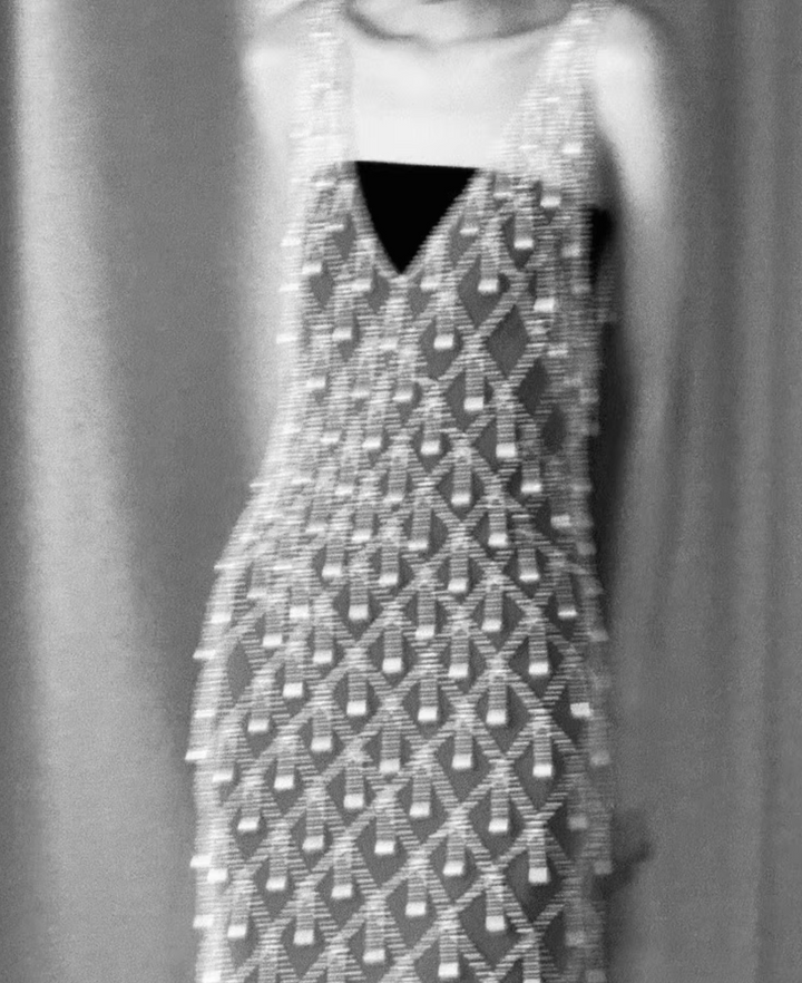 beaded mesh gown with geometric overlay – LUCENT