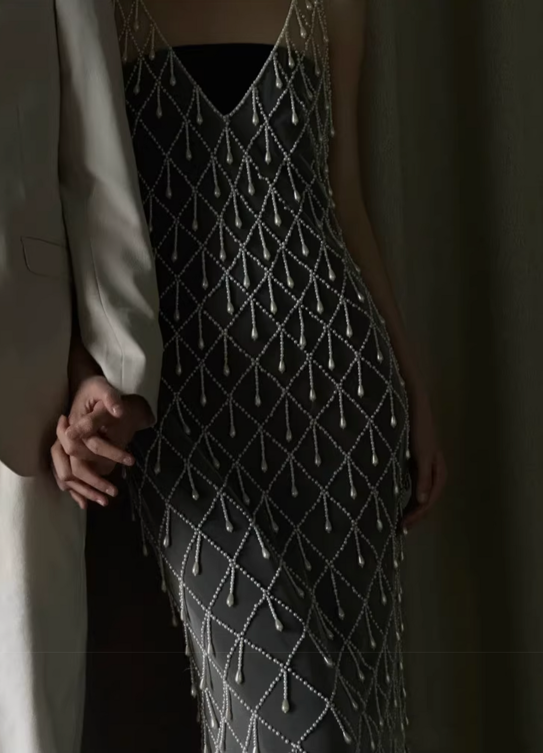 beaded mesh gown with geometric overlay – LUCENT