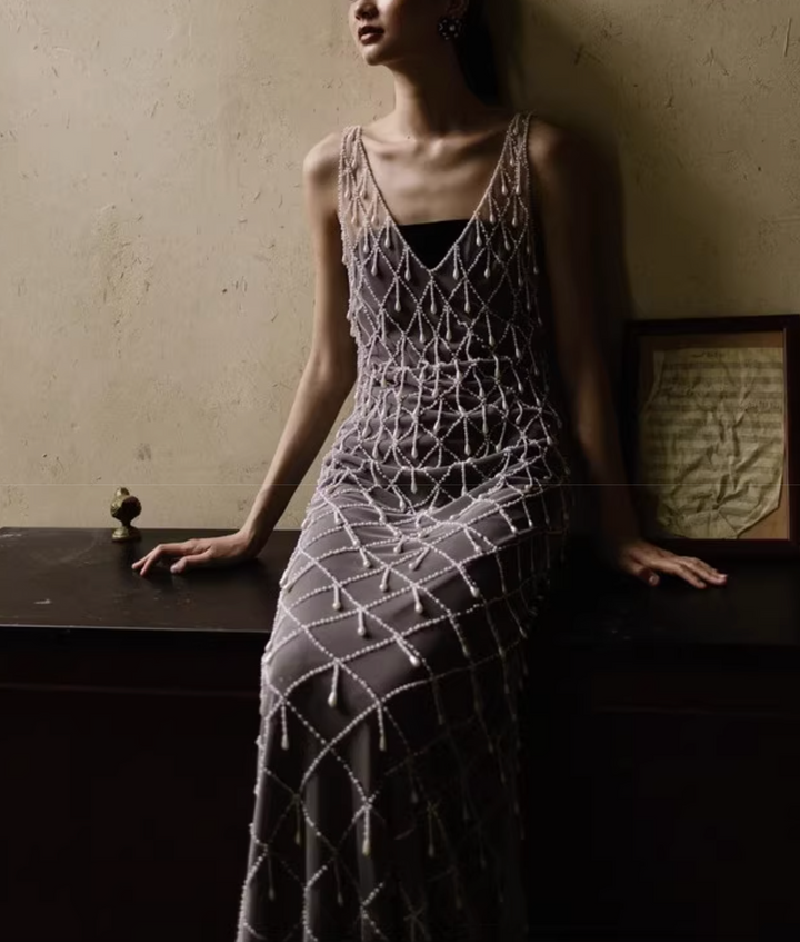 beaded mesh gown with geometric overlay – LUCENT