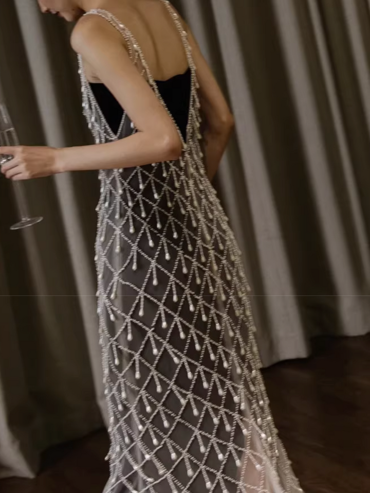 beaded mesh gown with geometric overlay – LUCENT