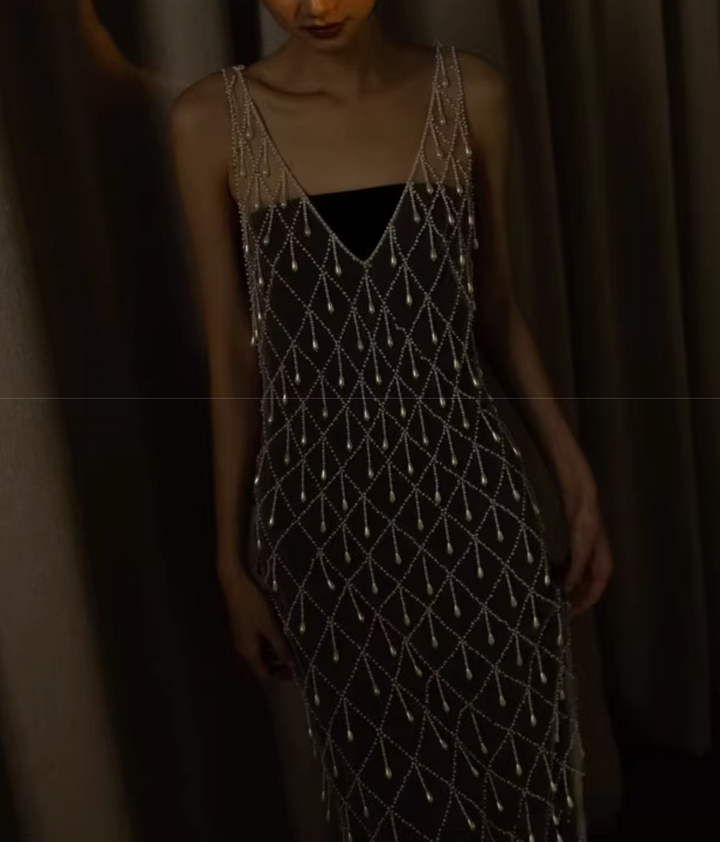 beaded mesh gown with geometric overlay – LUCENT