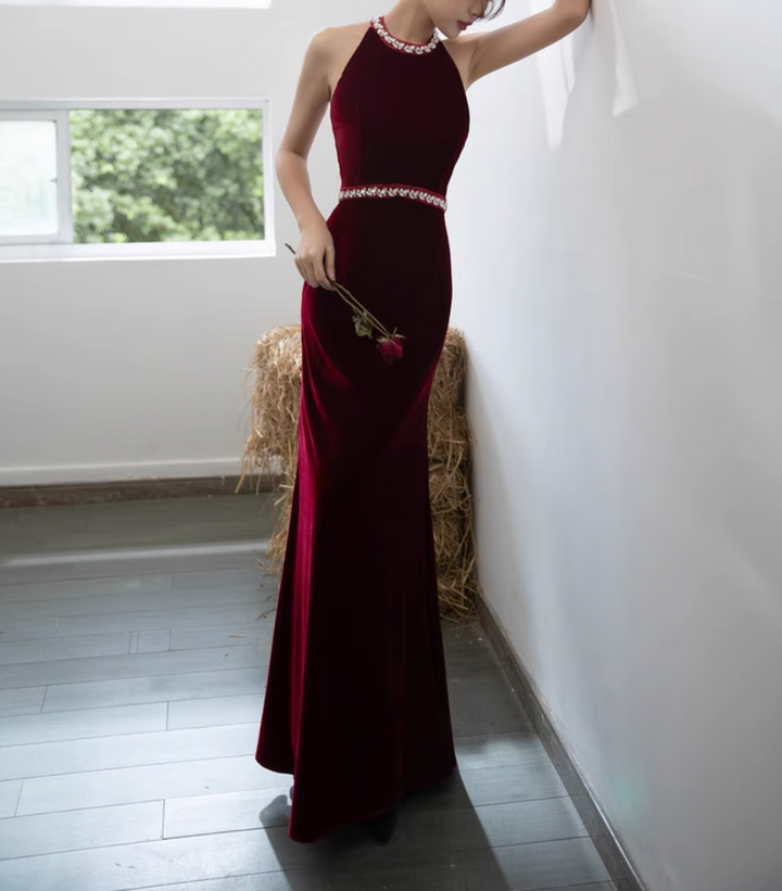 velvet halter gown with crystal trim – SILVIN