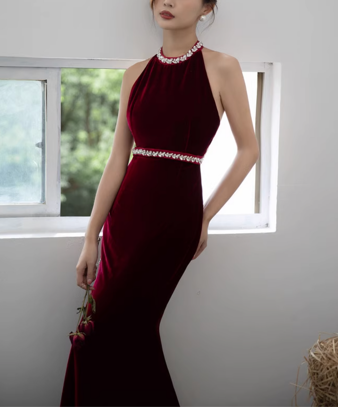 velvet halter gown with crystal trim – SILVIN