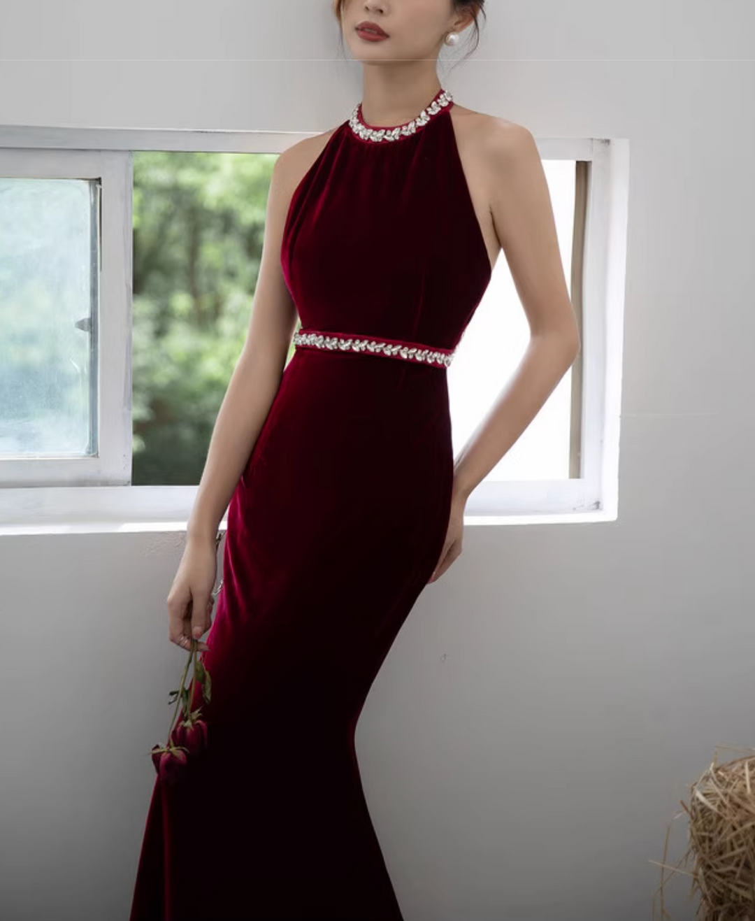velvet halter gown with crystal trim – SILVIN