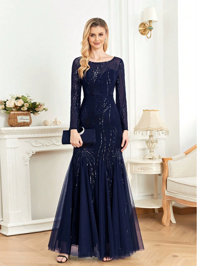 فستان شبكي بأكمام طويلة ومزين بالترتر – أدريانا