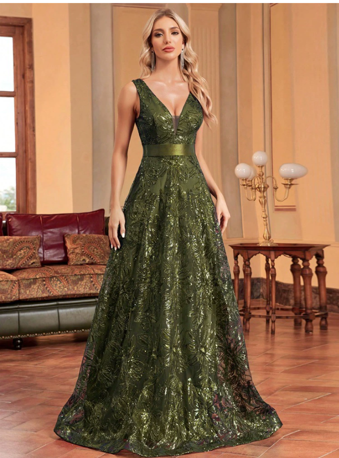 sleeveless V-neck sequin gown with satin waistband – CELESTE