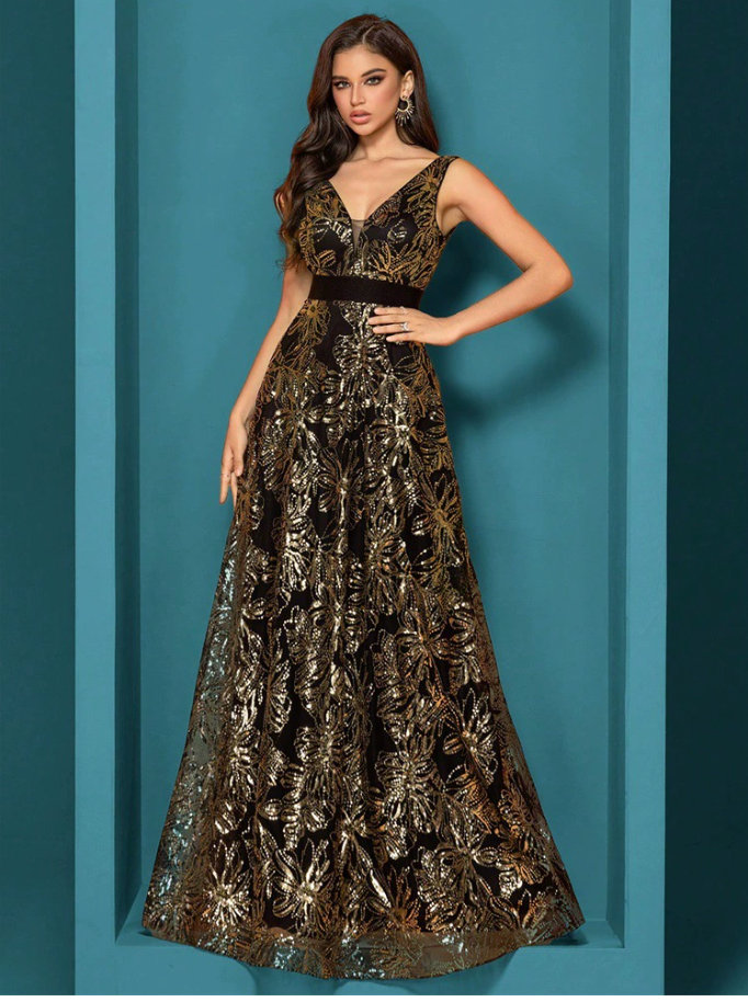 sleeveless V-neck sequin gown with satin waistband – CELESTE