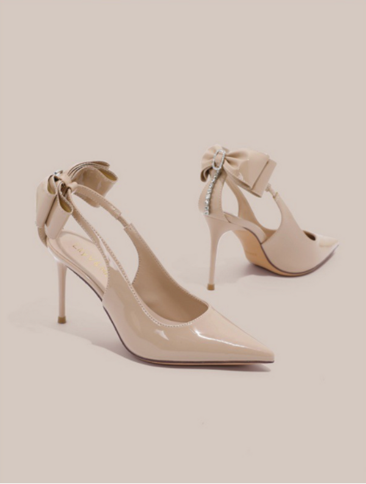 black patent stiletto heels with bow and rhinestone strap – VERA