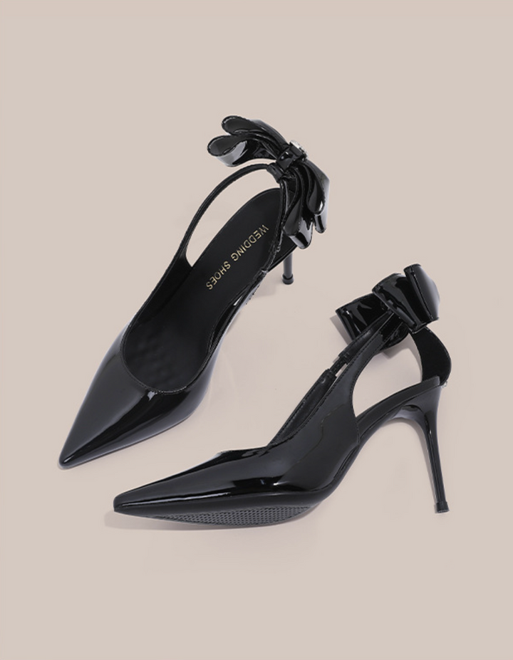 black patent stiletto heels with bow and rhinestone strap – VERA