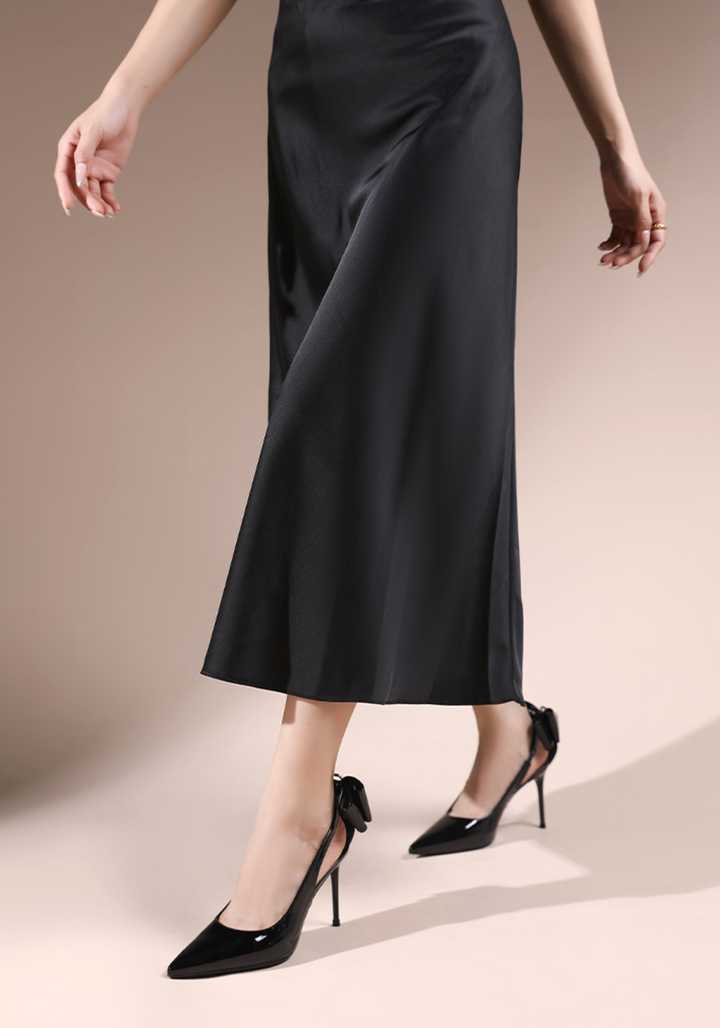 black patent stiletto heels with bow and rhinestone strap – VERA