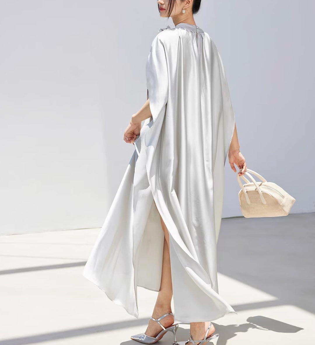 satin flowy cape dress with floral neckline – SILVERA