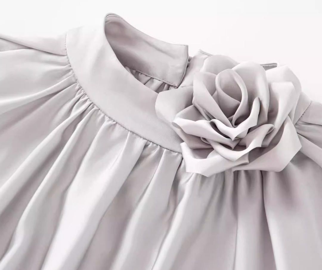 satin flowy cape dress with floral neckline – SILVERA