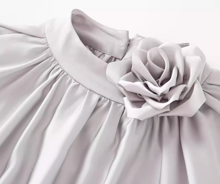 satin flowy cape dress with floral neckline – SILVERA