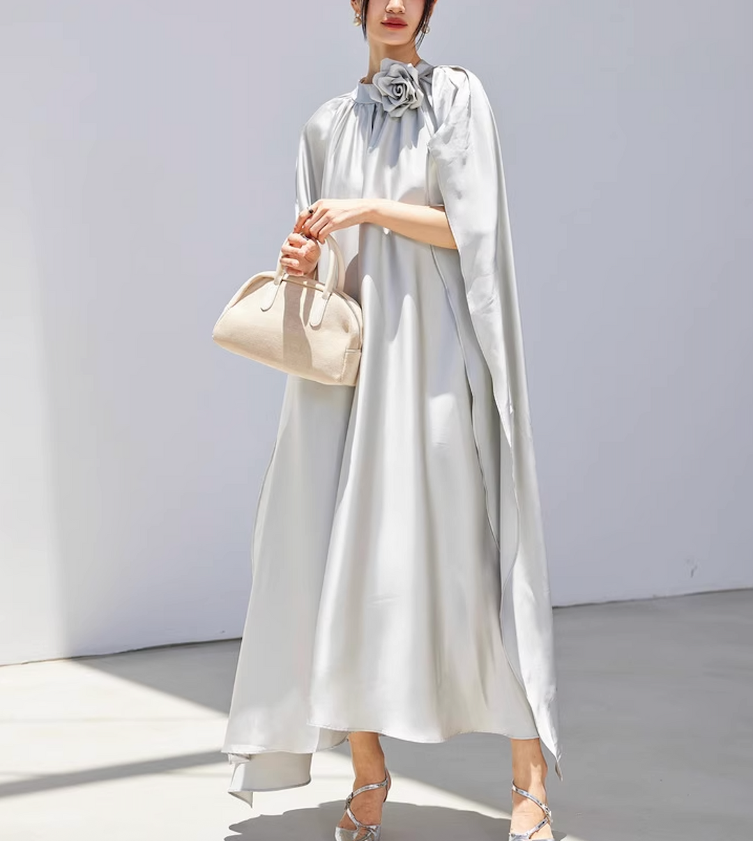 satin flowy cape dress with floral neckline – SILVERA