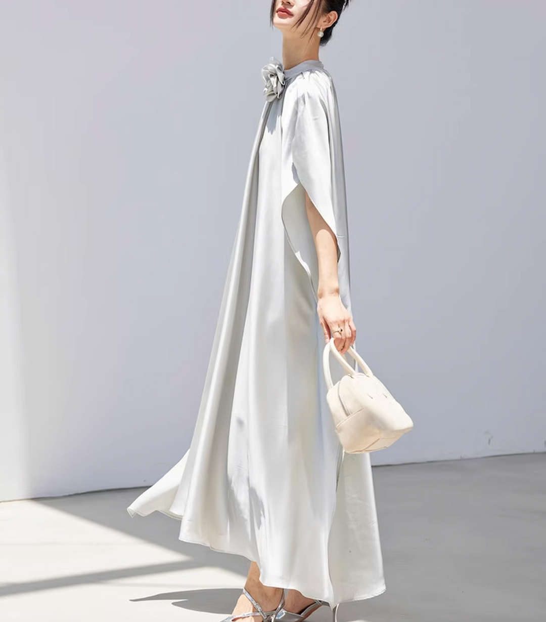satin flowy cape dress with floral neckline – SILVERA
