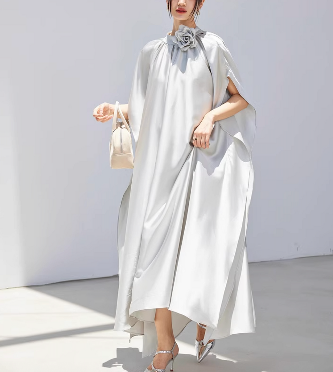 satin flowy cape dress with floral neckline – SILVERA