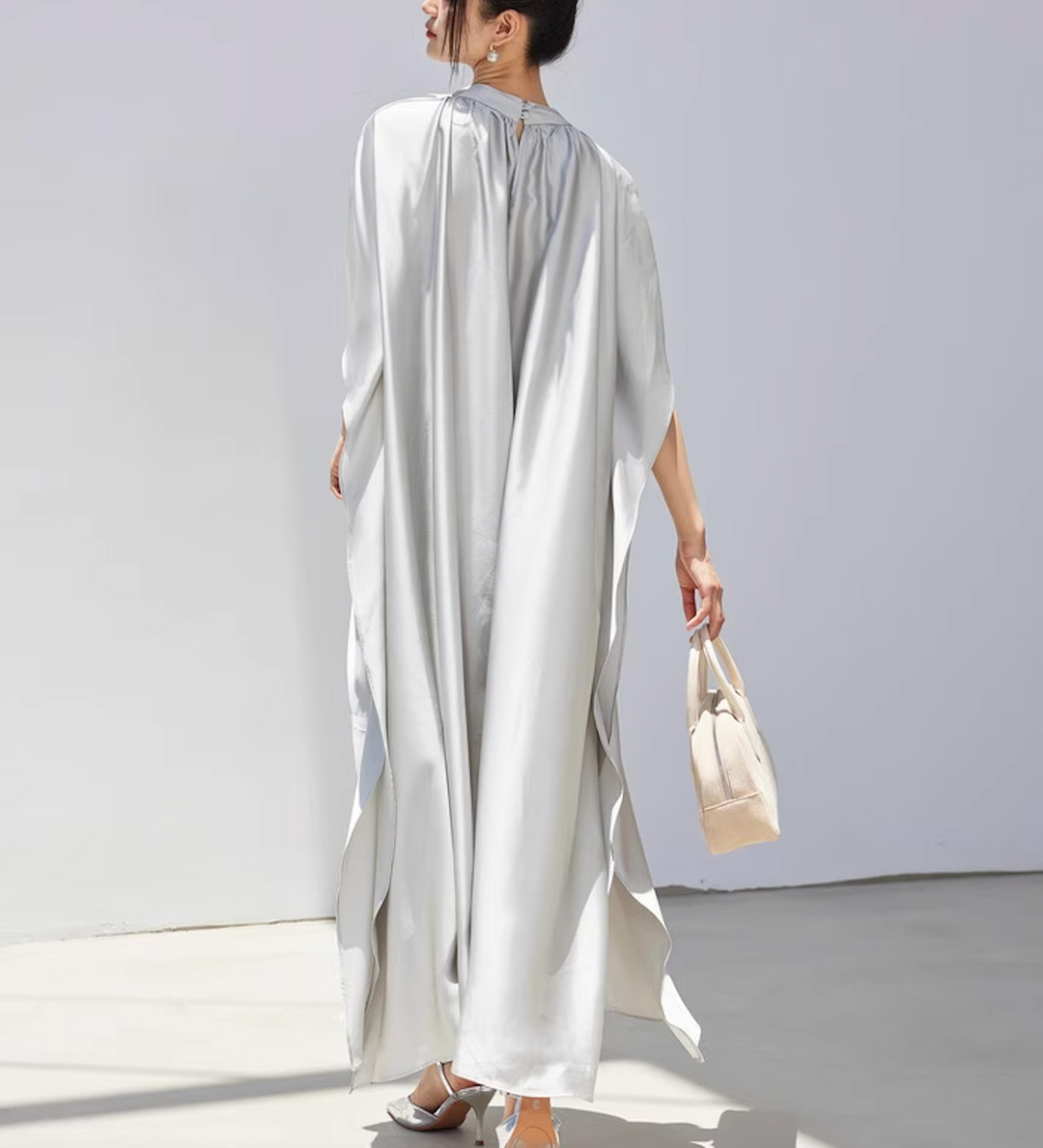 satin flowy cape dress with floral neckline – SILVERA