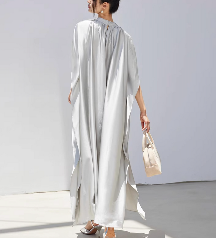 satin flowy cape dress with floral neckline – SILVERA