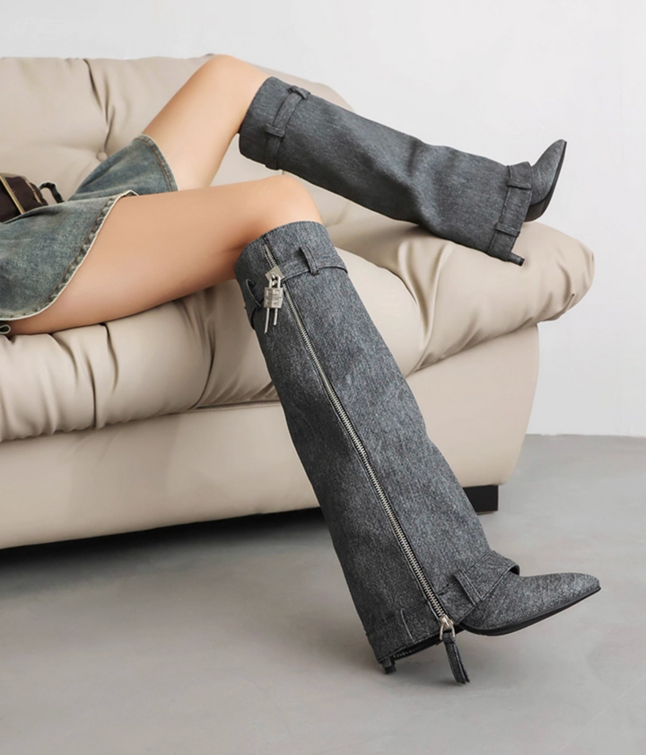 denim high-knee boots with side zipper – STORM