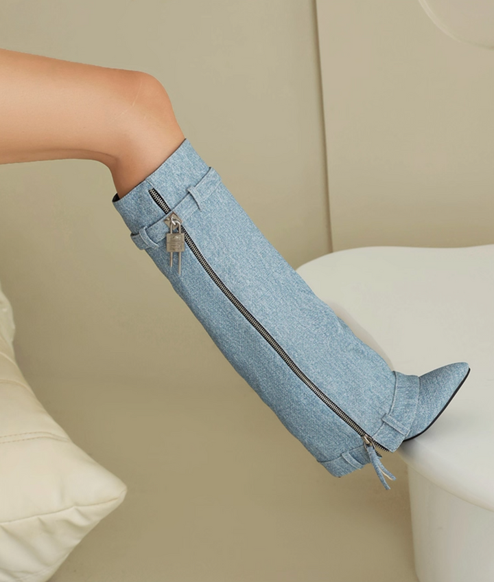 denim high-knee boots with side zipper – STORM