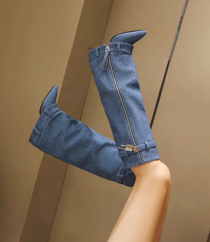 denim high-knee boots with side zipper – STORM