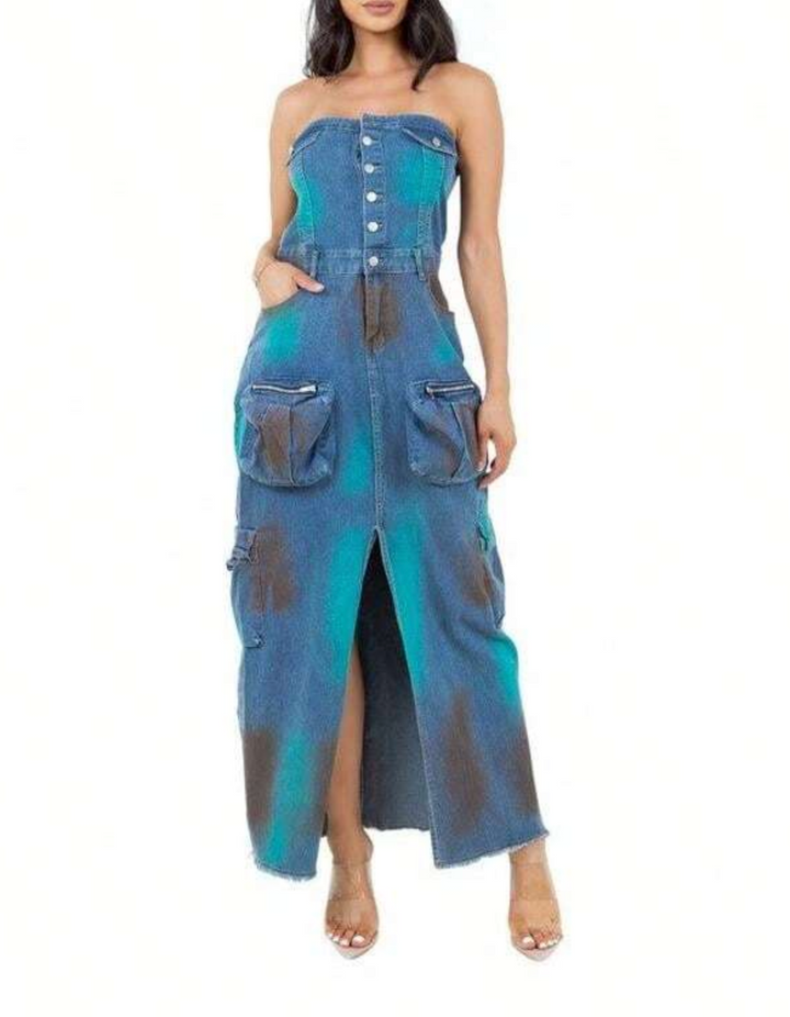 فستان ماكسي جينز بدون حمالات مع جيوب واسعة – رايلي