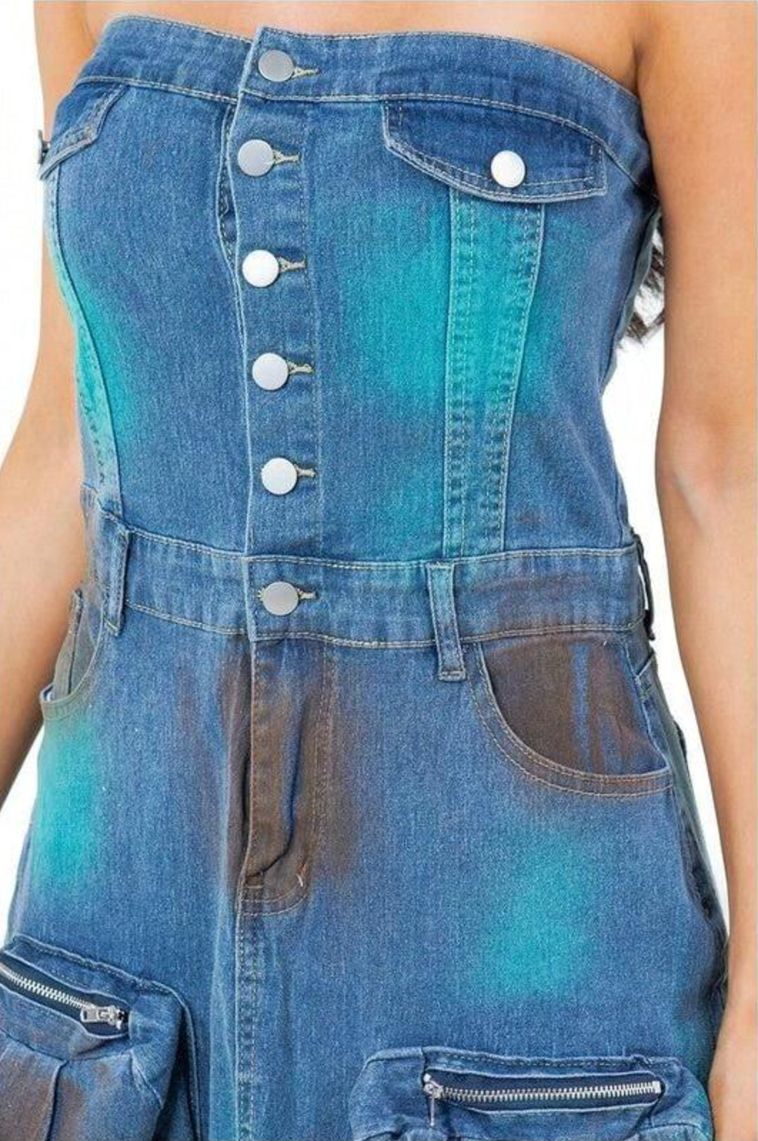 فستان ماكسي جينز بدون حمالات مع جيوب واسعة – رايلي