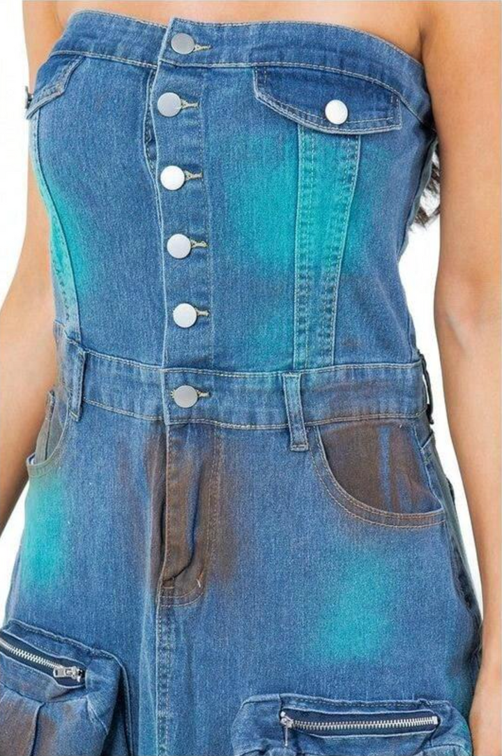 فستان ماكسي جينز بدون حمالات مع جيوب واسعة – رايلي