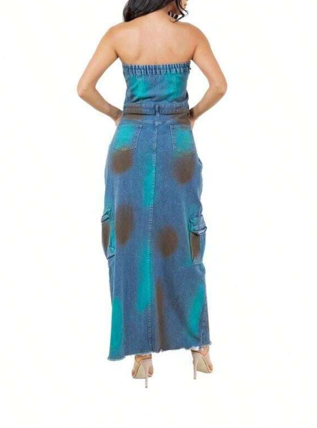 فستان ماكسي جينز بدون حمالات مع جيوب واسعة – رايلي