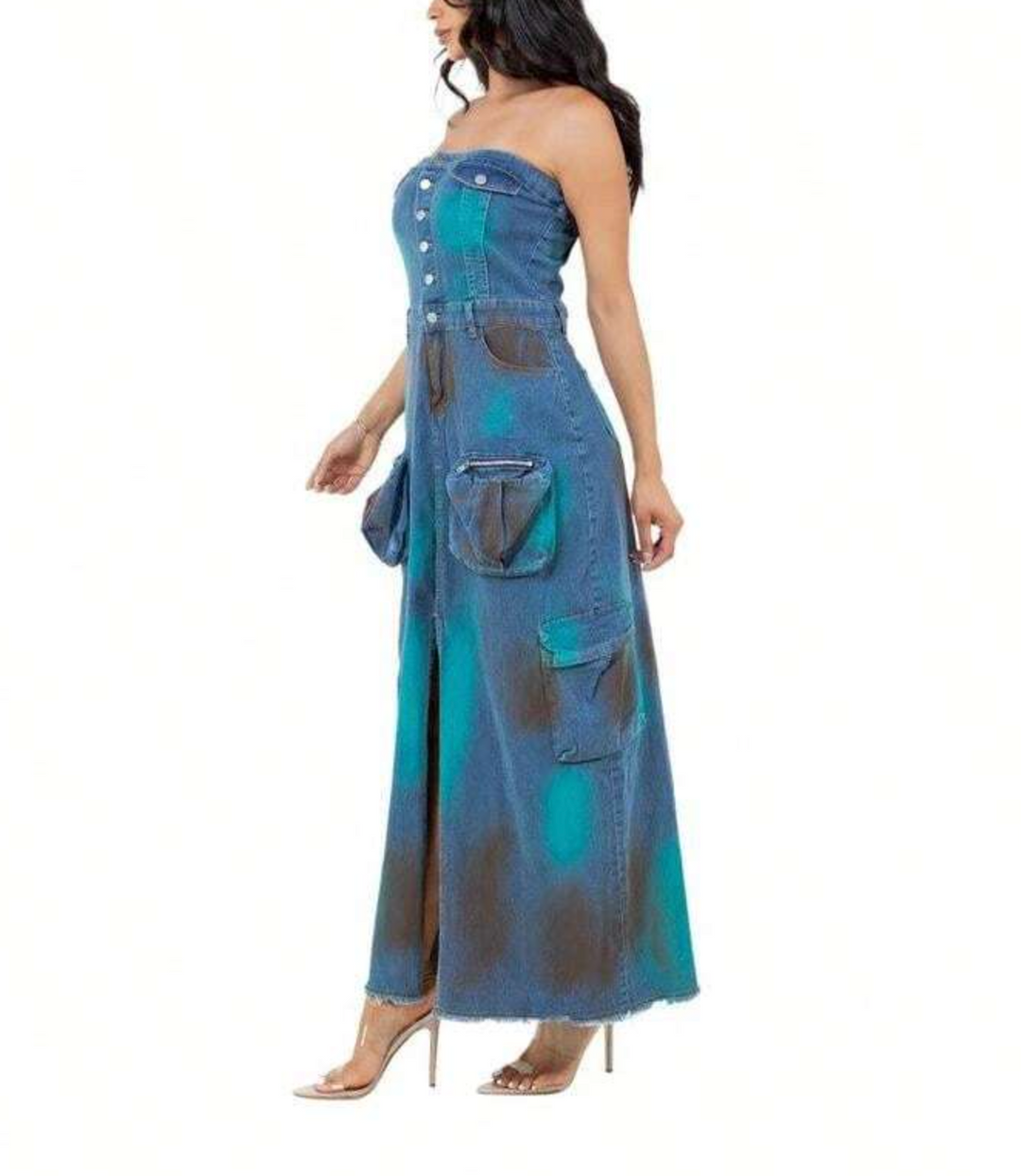 فستان ماكسي جينز بدون حمالات مع جيوب واسعة – رايلي