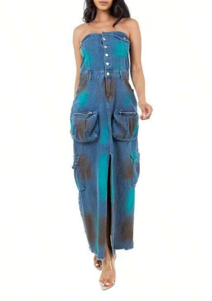 فستان ماكسي جينز بدون حمالات مع جيوب واسعة – رايلي