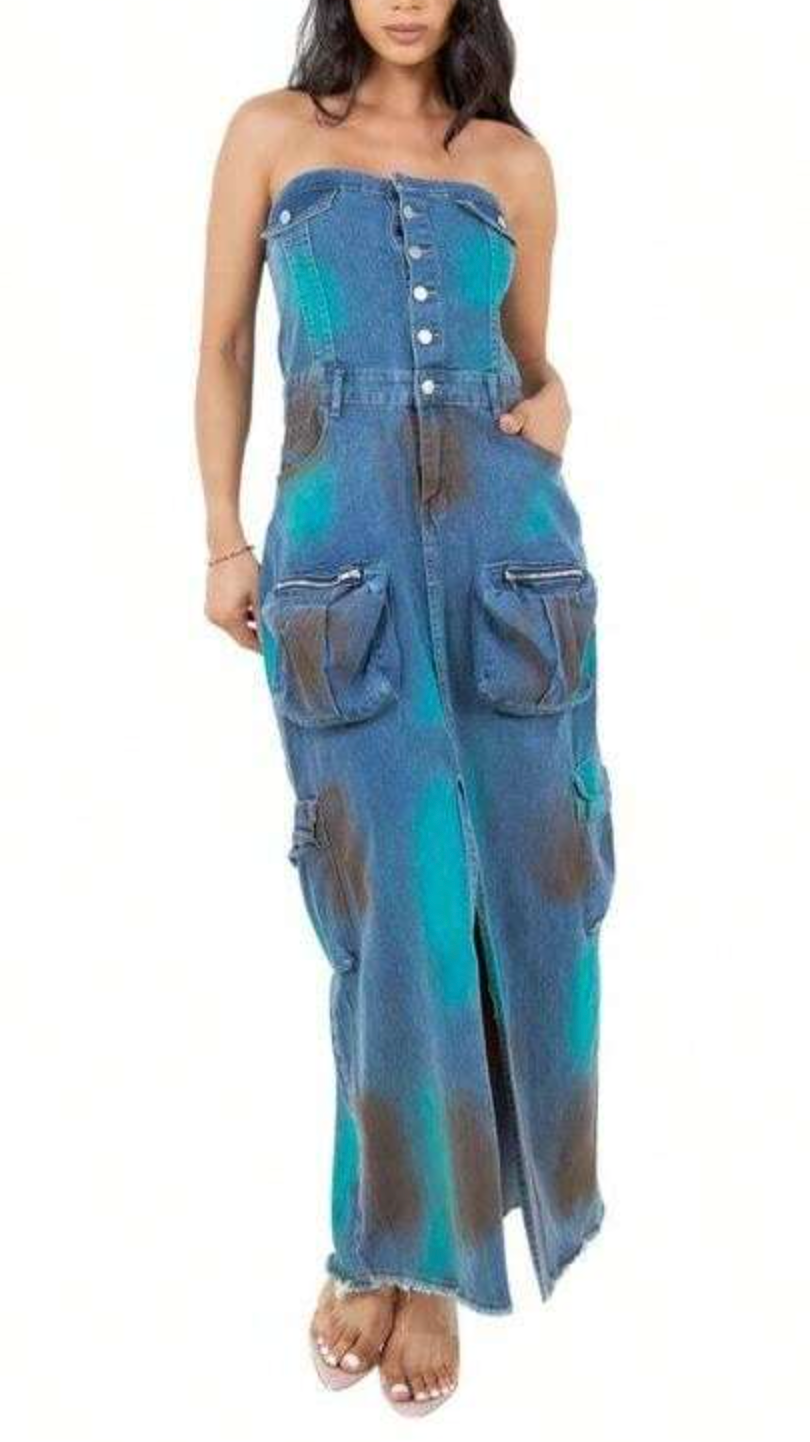 فستان ماكسي جينز بدون حمالات مع جيوب واسعة – رايلي